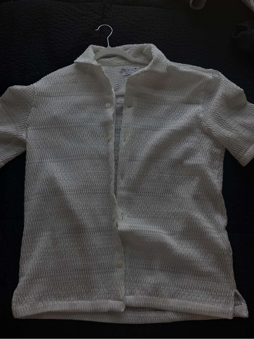 Zara Men’s Short-Sleeve Textured Button-Down Shirt — White